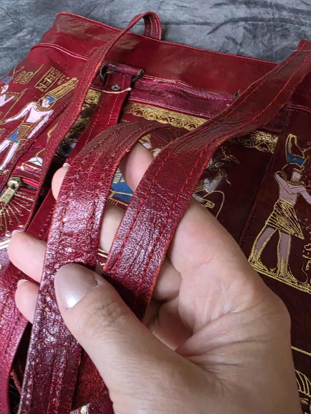 Red Egyptian Motif Leather Tote Bag - Unbranded